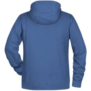 A men's hoodie in a blue hue, featuring a hood and long sleeves, displaying a plain back view with a logo.