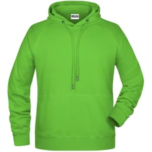 A bright green men's hoodie featuring a front pocket and drawstring hood. Includes a logo on the label.