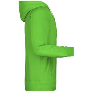 A green men's hoodie featuring a front pocket and a hood, displayed from the side. It has a logo.