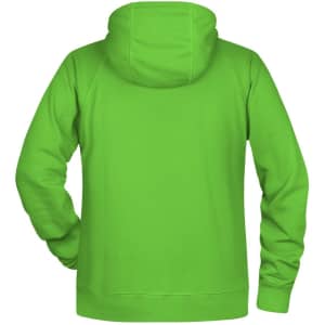 A bright green men's hoodie featuring a hood and long sleeves, showcasing a simple design.
