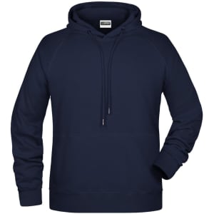 A navy blue men's hoodie with a front pocket, adjustable drawstring, and a logo on the label.