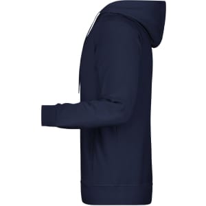 A navy men's hoodie with a front pocket and drawstring hood, featuring a simple design and snug fit.