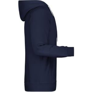 A navy blue men's hoodie featuring a hood and long sleeves, with a side profile view. It has a logo.