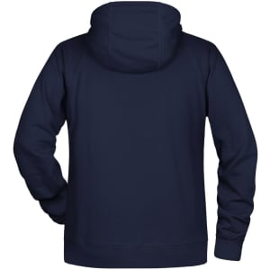 A navy blue men's hoodie with a drawstring hood and a kangaroo pocket at the front. Features a logo on the side.