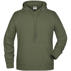 An olive green men's hoodie featuring a front pocket and adjustable drawstring hood. It has a logo on the label.