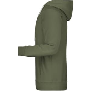 A men's hoodie in olive green, featuring a front pocket and a side view of the design. It has a logo on it.
