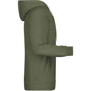 A men's hoodie in olive green with a hood and long sleeves, featuring a side view. It has a logo on the front.