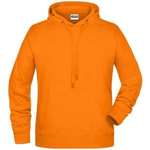 An orange men's hoodie with a drawstring hood and long sleeves. The hoodie features a logo on the front.
