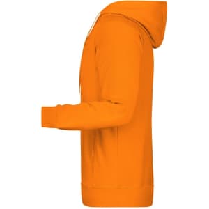 An orange men's hoodie displayed from the side, featuring a hood and long sleeves. The product has a logo.