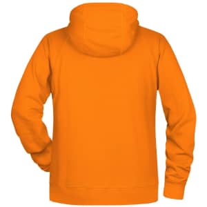 An orange men's hoodie featuring a hood and long sleeves, with a plain back and no visible branding.