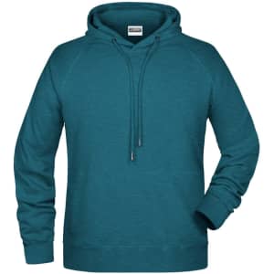 A teal men's hoodie with a drawstring hood and long sleeves, featuring a logo on the front.