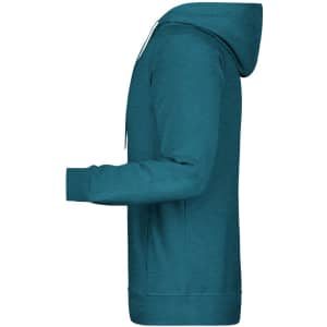 A teal men's hoodie with a hood and long sleeves, featuring a side view and a simple design.