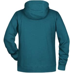 A teal men's hoodie with a back view, featuring long sleeves and a hood. It has a simple design and a logo.