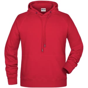 A red men's hoodie featuring a drawstring hood and a front pouch pocket. It includes a logo on the label.