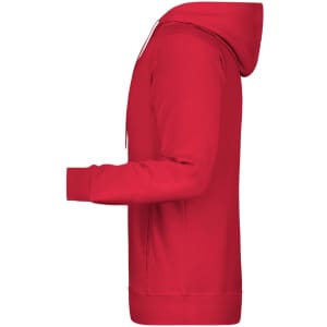 A red men's hoodie featuring a front pocket and a hood, displayed from the side. It has a logo on the front.