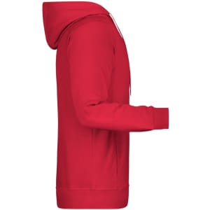 A red men's hoodie in a side view, featuring a hood and long sleeves. It includes a logo on the front.
