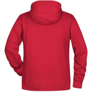 A red men's hoodie featuring a hood and long sleeves, with a plain back design.