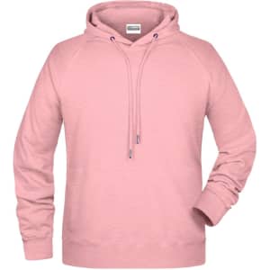 A pink men's hoodie with a front pocket and drawstring hood. It features a logo on the chest.