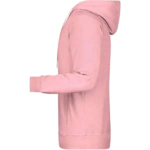 A pink men's hoodie with a hood and long sleeves, featuring a logo on the design.