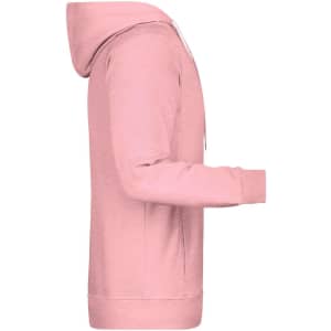 A pink men's hoodie with a hood and long sleeves features a side view design and has a logo.
