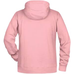A pink men's hoodie with a hood and long sleeves, featuring a simple design and a logo.