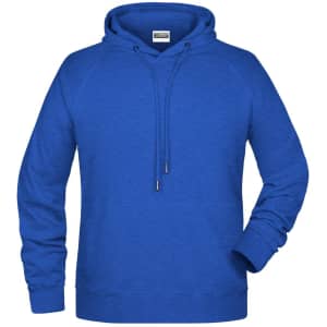 A blue men's hoodie with a front pocket, drawstring hood, and raglan sleeves, featuring a logo.