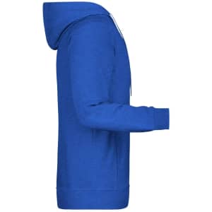 A blue men's hoodie with a side view, featuring a hood and long sleeves. It has a logo on it.