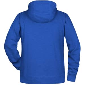 A blue men's hoodie featuring a hood and a simple design, with a back view showing the raglan sleeves.