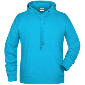 A bright turquoise men's hoodie with a drawstring hood and kangaroo pocket, featuring a brand logo.