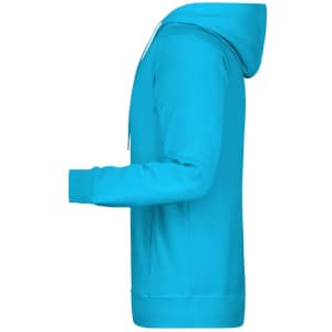 A bright turquoise men's hoodie featuring a front pocket and a hood, shown from the side without any branding.