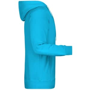 A men's hoodie in bright blue, featuring a hood and long sleeves, displayed from the side.