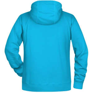 A bright turquoise men's hoodie with a kangaroo pocket and a hood, featuring a logo on the back.