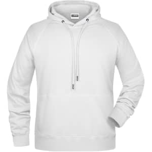 A white men's hoodie with a drawstring hood and kangaroo pocket, featuring a logo on the front.