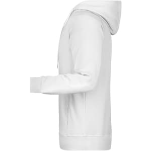 A white men's hoodie featuring a side view, with a hood and long sleeves. It includes a logo on the front.