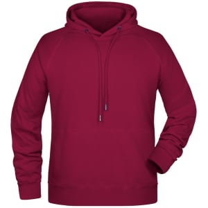 A maroon men's hoodie with a front pocket, drawstring hood, and long sleeves. It features a logo on the front.