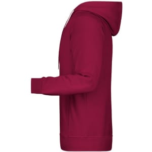 A maroon men's hoodie with a front pocket and a hood, featuring a logo on the chest area.
