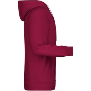 A maroon men's hoodie with a hood and long sleeves, featuring a side view and a simple design.