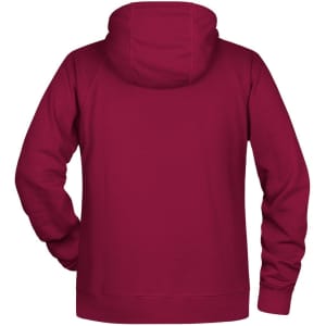 A maroon men's hoodie with a hood and long sleeves, featuring a smooth back design. It has a logo.
