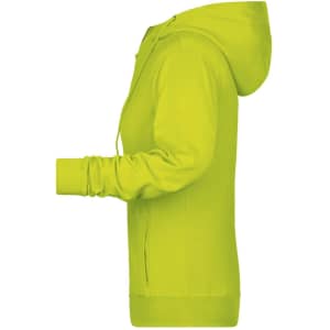 A ladies zip hoodie in bright yellow with a hood, featuring a side view and a logo on the front.