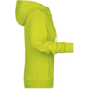 A ladies zip hoodie in bright yellow, featuring a hood and a side view showcasing its fit. It has a logo.