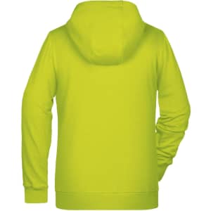 A bright yellow ladies zip hoodie with a hood and long sleeves, featuring a logo on the back.