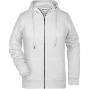 A grey zip hoodie featuring a hood and a zipper closure, with a logo on the front.