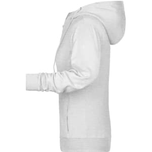 A grey ladies zip hoodie with a hood and long sleeves, featuring a logo on the front.