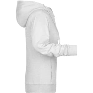 A light grey ladies zip hoodie with a hood, featuring a side view and a logo on the front.