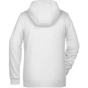A white ladies zip hoodie featuring a hood and long sleeves, with a logo on the back.