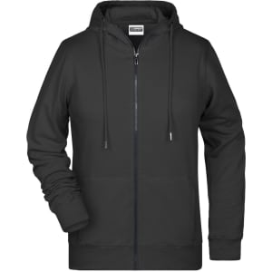 A black zip hoodie featuring a front pocket and a drawstring hood. The hoodie has a logo on it.