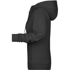 A black ladies zip hoodie displayed from the side, featuring a hood and long sleeves. It has a logo.