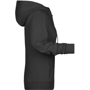 A black ladies zip hoodie featuring a front zip and a hood, displayed from the side. It has long sleeves and a fitted design.