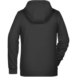 A black ladies zip hoodie featuring a hood and long sleeves, with a logo on the back.