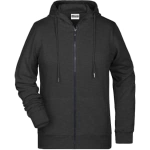 A ladies zip hoodie in dark grey with a front zipper and hood, featuring a logo on the chest.